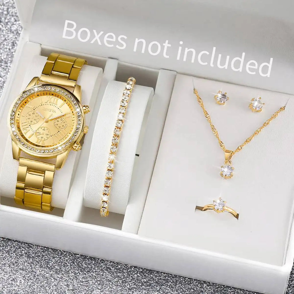 6PCS/Set Fashion Rhinestone Women Watches Analog Quartz Wrist Watch Jewelry Set Relogio Feminino（Without Box）