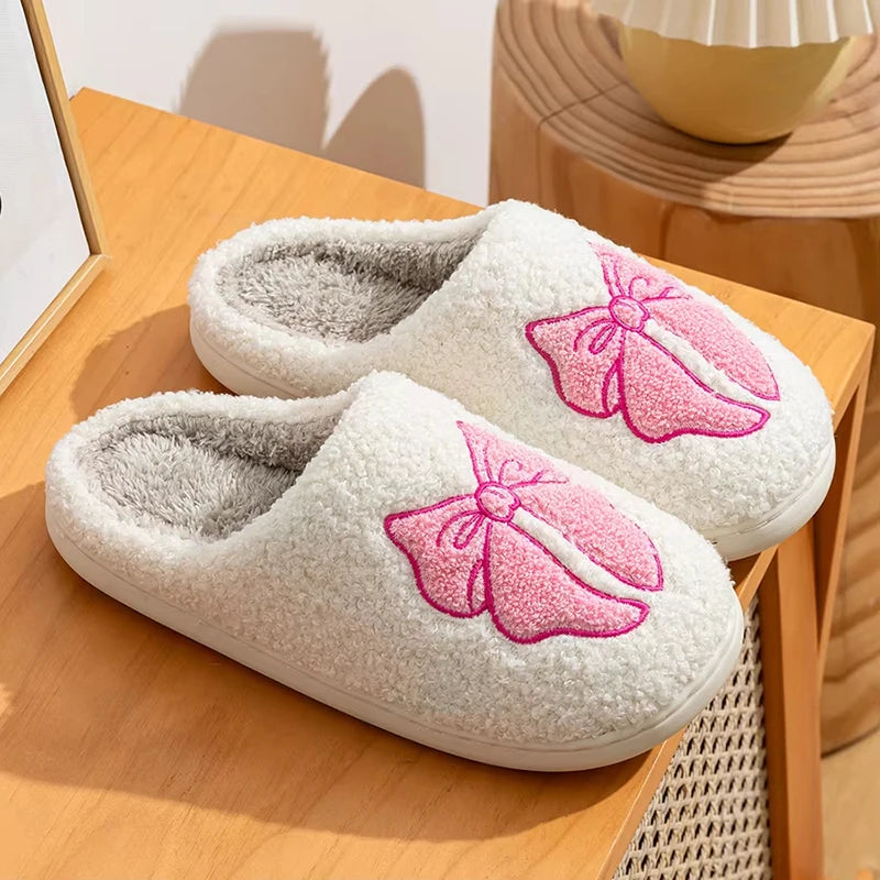 Bow Fluffy Women Slippers Home Lovely Winter Casual Designer Shoes Girls Fashion Plush New Indoor Fuzzy Fur Slides Soft Non-Slip
