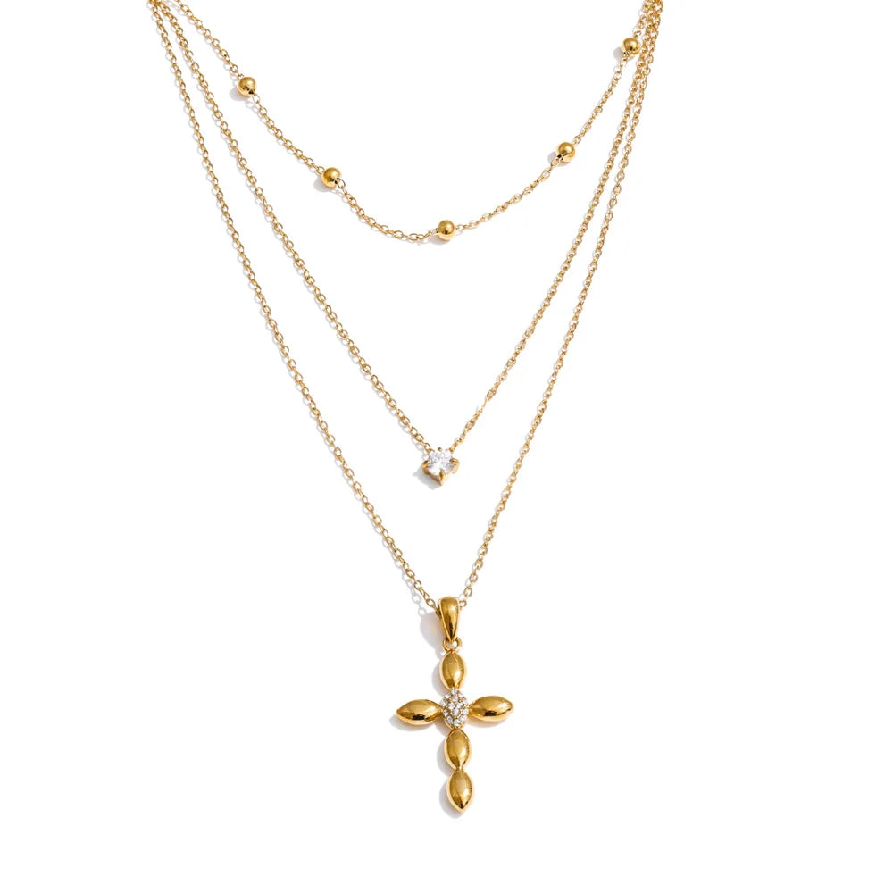 Yhpup Trendy Stainless Steel Layered Chain Cross Pendant Necklace for Women Exquisite High Quality Chic Jewelry Water Resistant