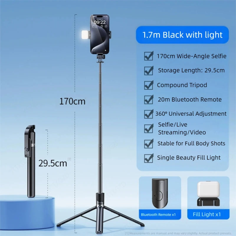 Ultra Long 1700mm Selfie Stick with Bluetooth Remote Portable Phone Holder And Fill Light Tripod Stand for Live Broadcasts