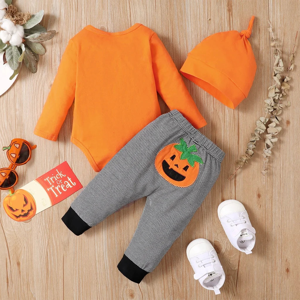0-18 Months Newborn Baby Boy First Halloween Clothing Set Pumpkin Bow Tie Long Sleeved Bodysuit+Pants+Hat Holiday Style Outfits