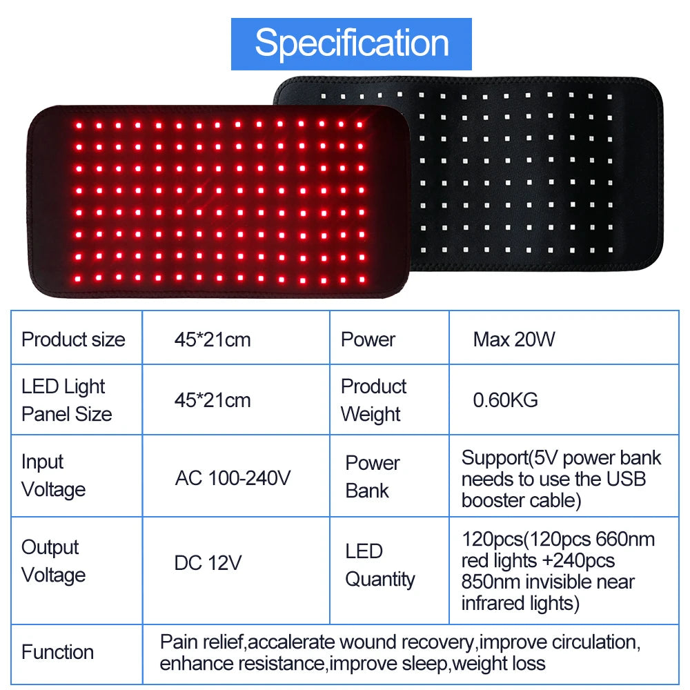 120 LEDs Red Light Belt Red＆Infrared 850nm 660nm Back Pain Relief Wrap Home Use Joint Muscle Relieve Beauty Tool
