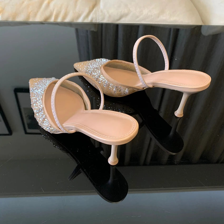 2025 Women High Heels Sandals Summer Fashion Mesh Rhinestone Slingback Woman Pumps Elegant Woman Sandals Party Lady Shoes