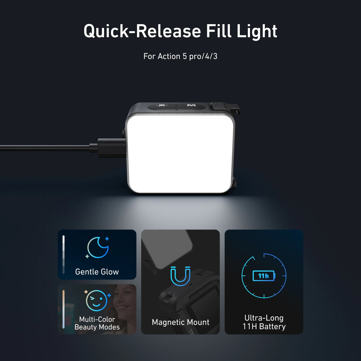 TELESIN Quick Release Fill Light Mini Waterproof Selfie Light For DJI OSMO Action 2 3 4 5pro Mini Selfie Light For Action Camera