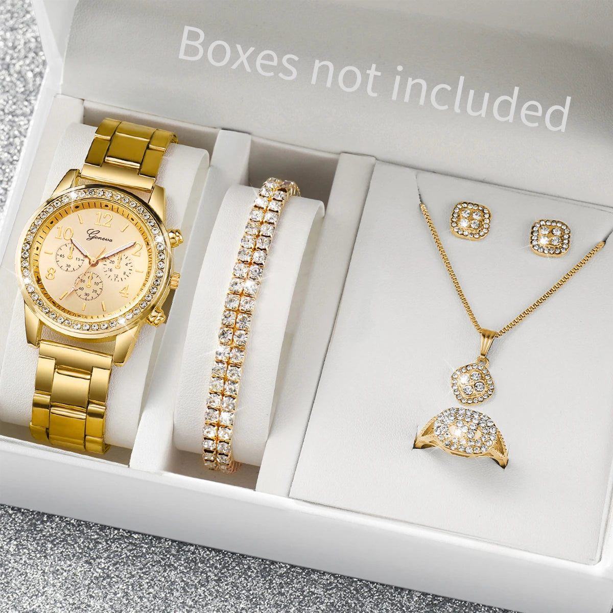 6PCS/Set Women's Watch Fashion Rhinestone Stainless Steel Band Quartz Watch Jewelry Set Reloj Mujer (Without Box)