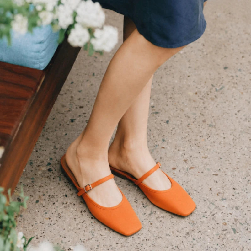 Summer Flat Sandals Woman 2026 New Square Toe Buckle Strap Breathable Satin Leisure Slingbacks Chic Mules Shoes for Ladies