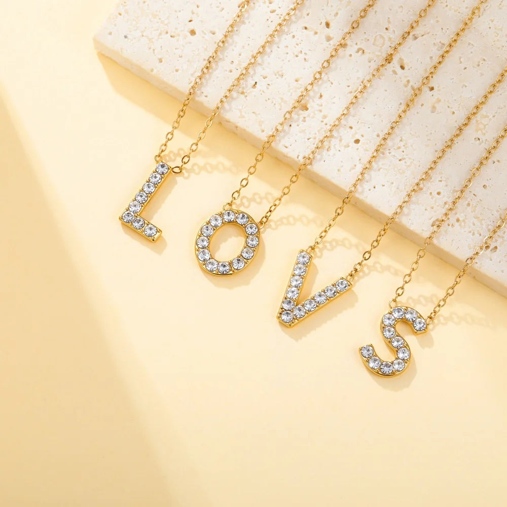 A-Z Initial Letter Necklace for Women Stainless Steel Gold Color Cubic Zirconia Alphabet Pendant Clavicle Chain Jewelry Gift