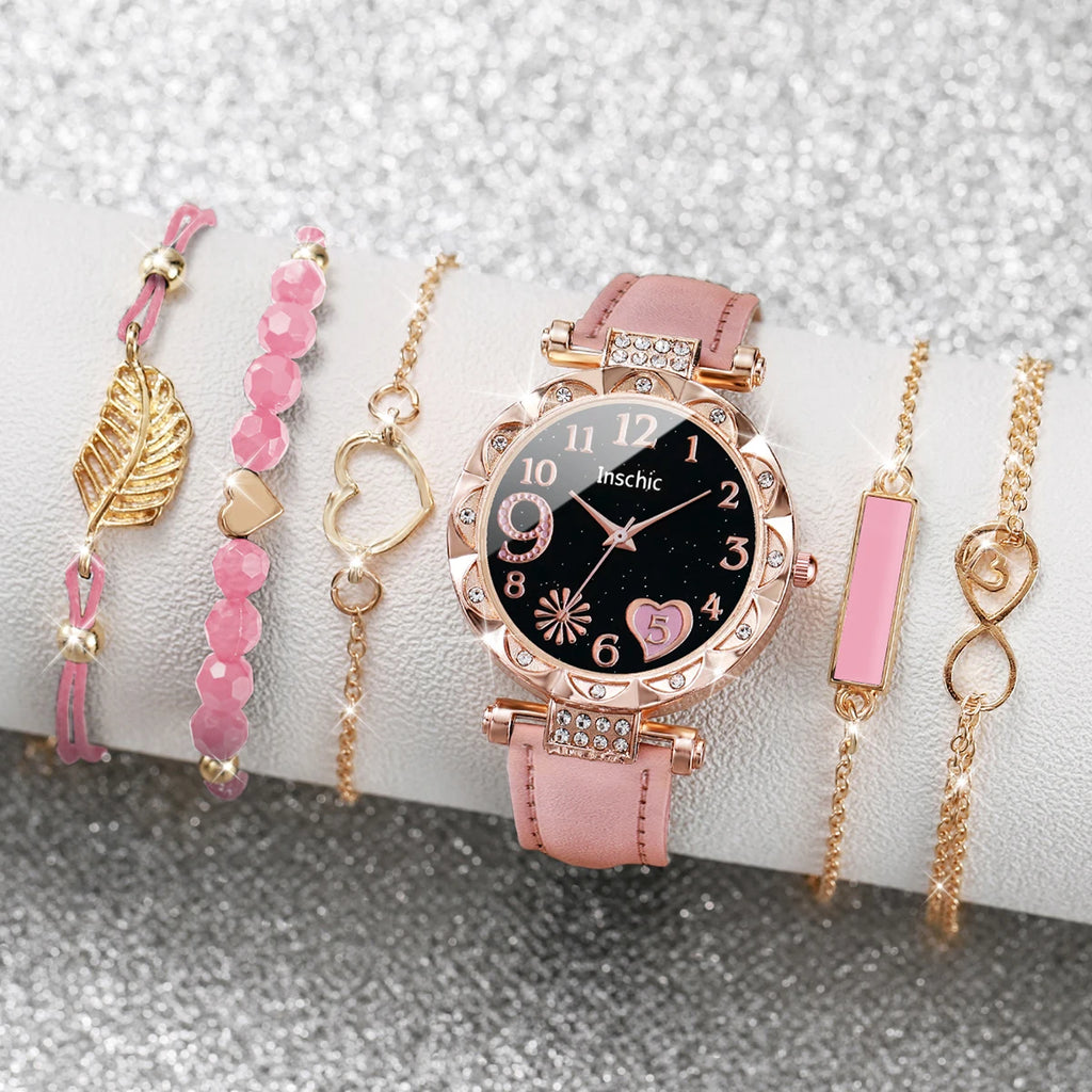 6PCS/Set Fashion Heart Dial Women's Watch Casual Leather Band Analog Quartz Watch Leaf Bracelets Set（Without Box）