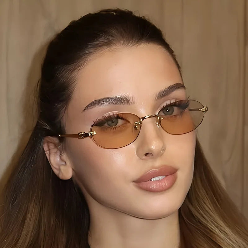 Light Luxury Rimless Oval Personalized Sunglasses, High-End Fashion Casual Sunglasses, Suitable For Outdoor Vacation Sunglasses