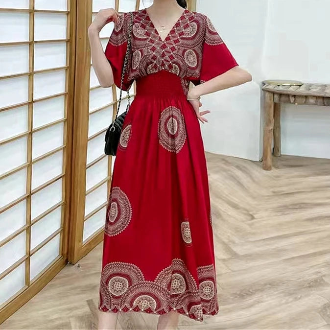 2025 Summer New Casual Elegant Retro Bohemian Style V-neck Elastic Waist Large Swing Printed Long Skirt Autumn Summer Dress