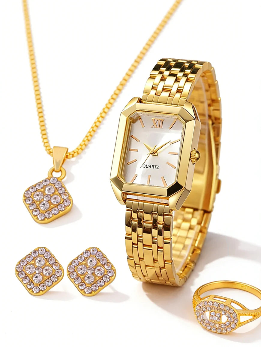 Casual Fashion Square Quartz Watch And Hollow Jewelry Set wi Steel Strap Birthday Gift No Box