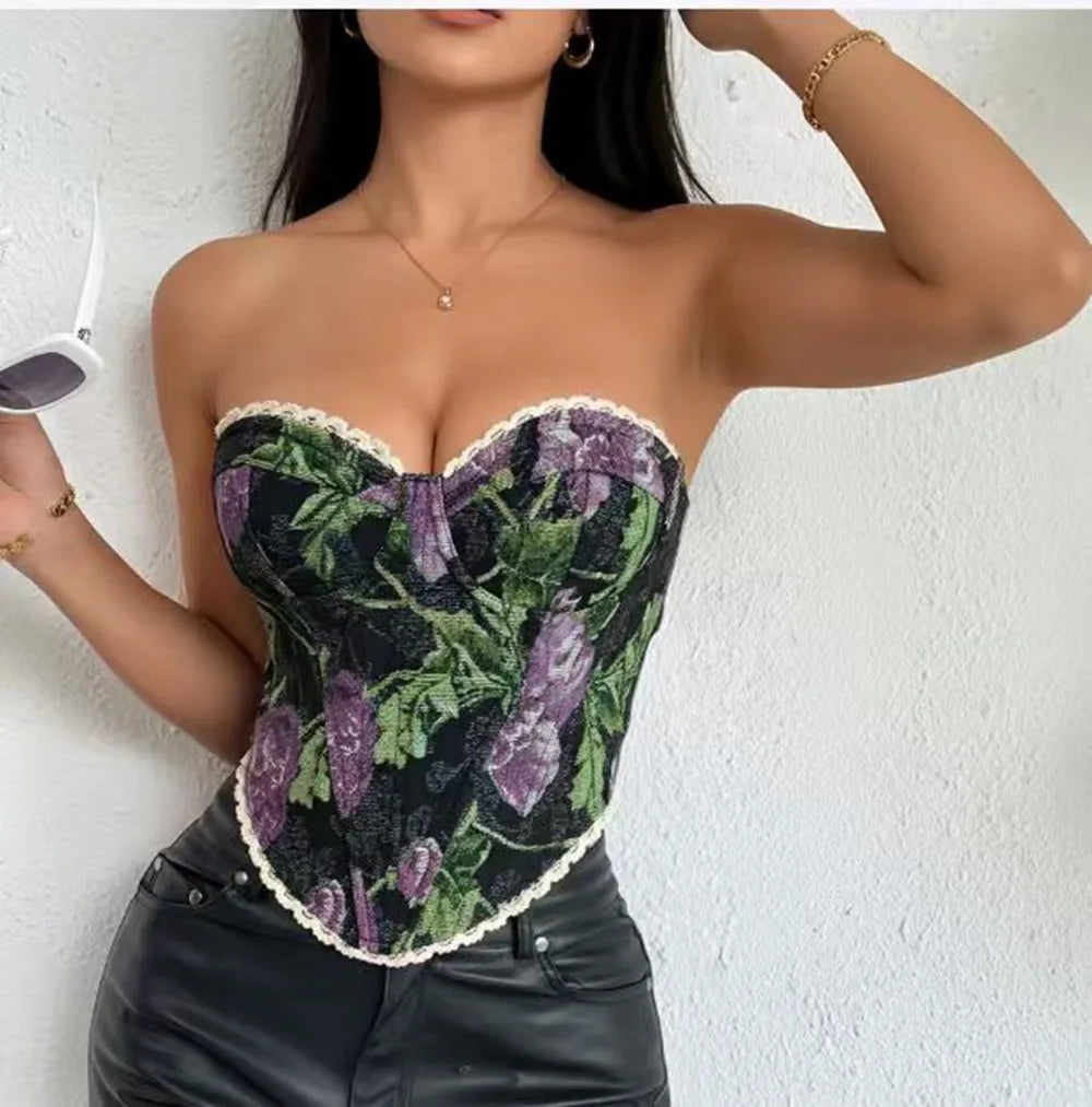 Vintage Flower Print Strapless Bandage Lace Fishbone Camisoles Women Summer Slim Fit Crop Tops Streetwear Tank 2025 Tube Tops