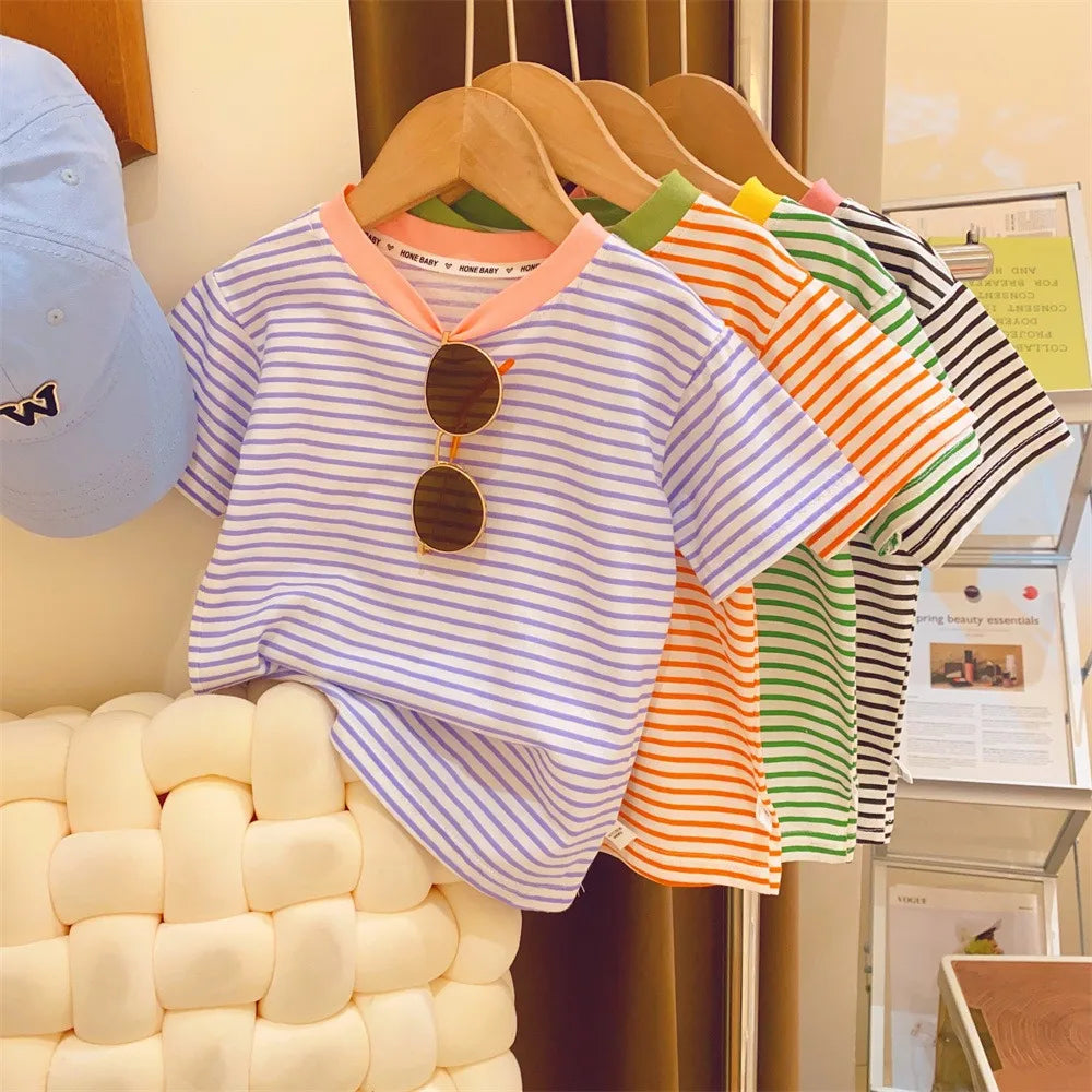 Children's Short-Sleeved Boys Girls 2024 Summer New Striped T-Shirt Baby Thin Section Half-Sleeved Bottoming Shirt Casual Wear