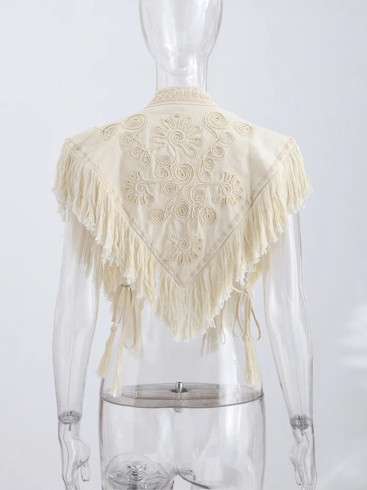 Chic Embroidery Tassel Shawl Women Stand Neck Sleeveless Lace Up Irregular Shawls Tops 2026 Summer Fashion Lady Accessories