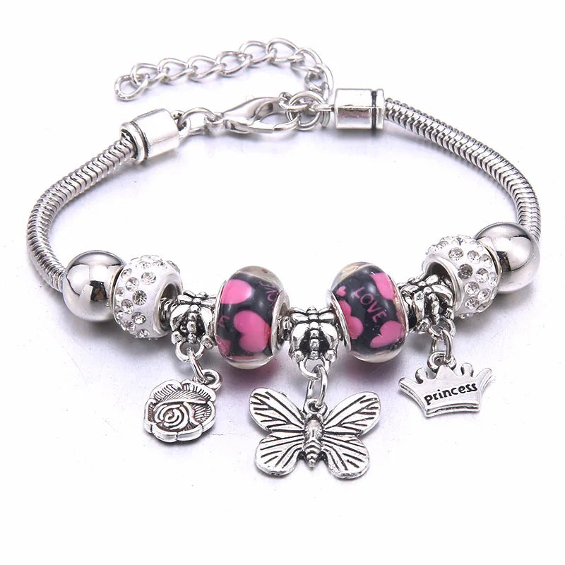 Pink Charm Bangle Lobster Buckle Snake Chain Beaded Bangles For Women Summer Romantic Gift Fashion Butterfly Bracelet Jewelry