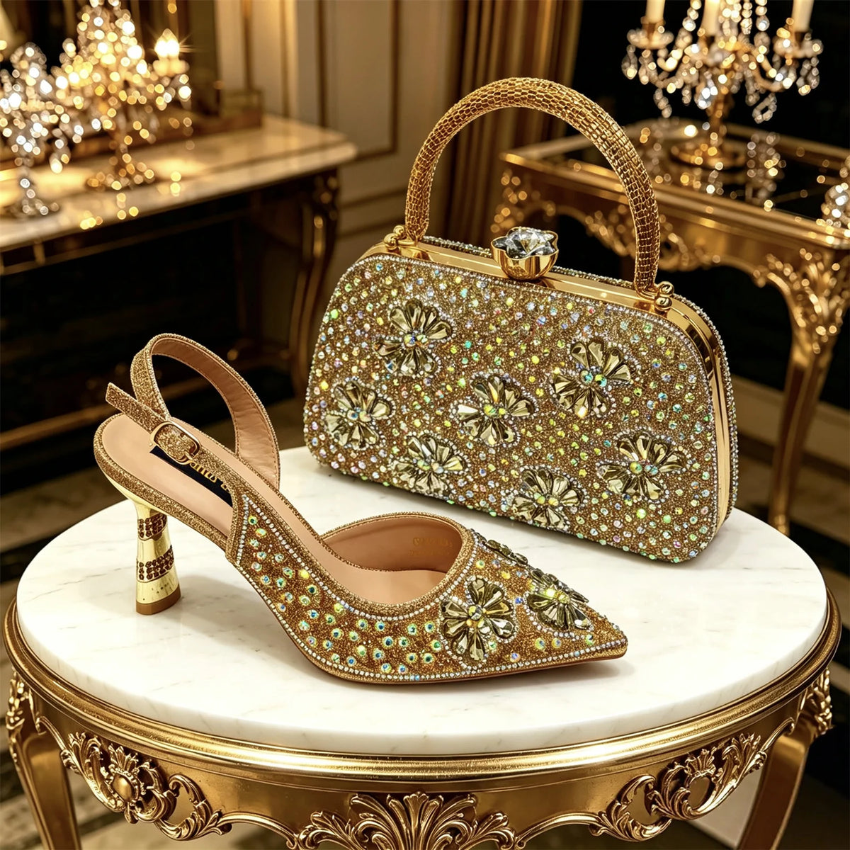 Venus Chan Gold Pointed Toe Rhinestone Heels & Bag Set, Sparkly Slingback Shoes for Women Wedding Party Evening Prom