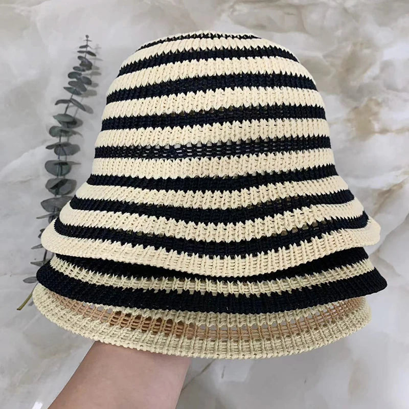 Striped Hollow Women Bucket Hat Spring Summer Outdoor Sunscreen Weave Breathable Fisherman Cap Fahsion Versatile Travel Panama