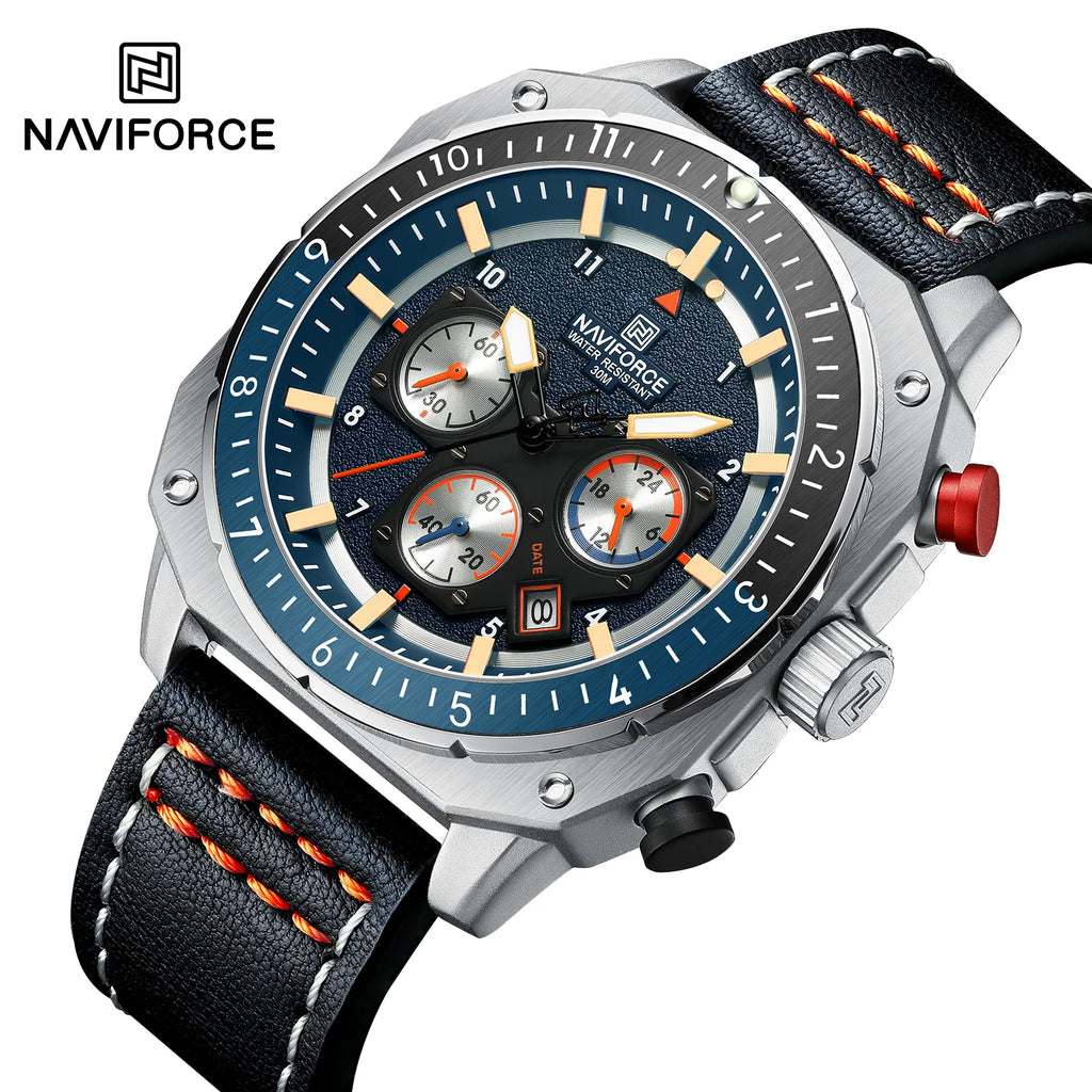 NAVIFORCE Sports Multifunction Waterproof Watches for Men Fashion Leather Luxury Brand Quartz Analog Luminous Square Wrist Watch