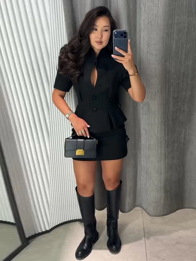 Elegant Ruffle Women's Coats Short Sleeve Hollow-out V-neck Female Jackets 2026 Summer Office Lady New Waist-cinching Lady Coat