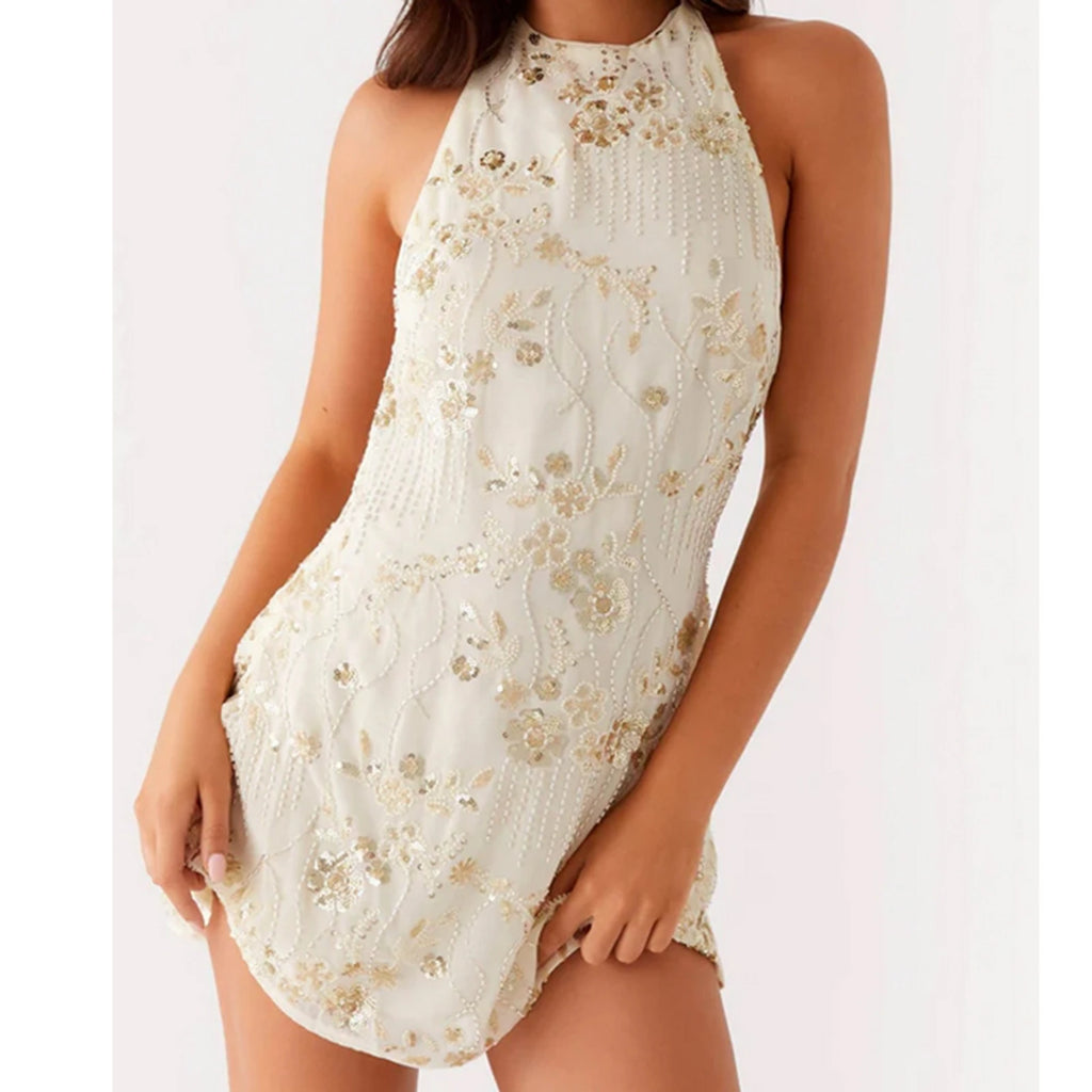 Women's Holidays Summer Halter Dress Shiny Sequins Beading Floral Backless Casual Slim Fit Neck-mounted Mini Dress