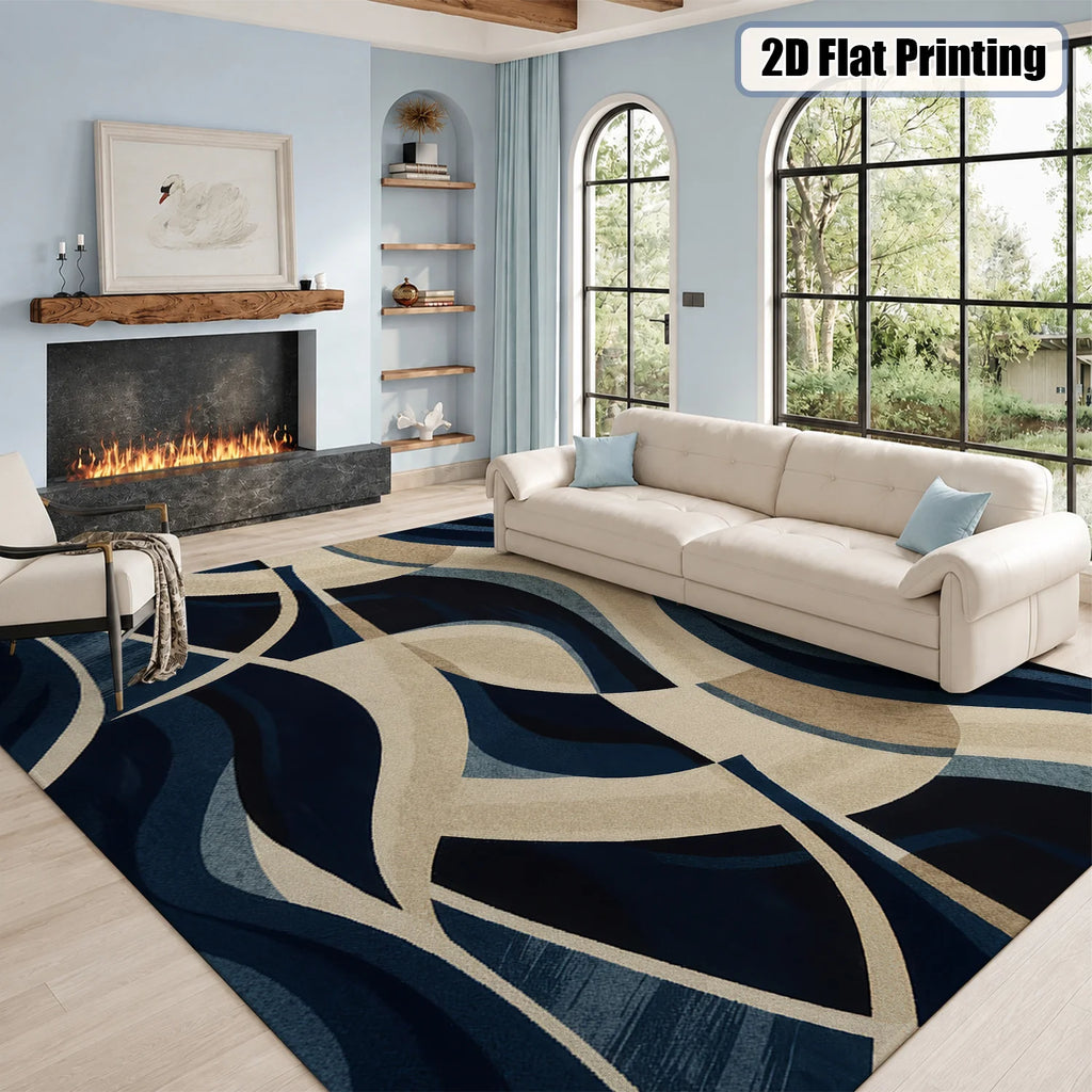 Large Indoor Area Rug, Soft Velvet Low Pile, Non-slip Dotted Backing, Machine Washable, Abstract Wavy Navy & Beige Pattern for Living Room and Bedroom