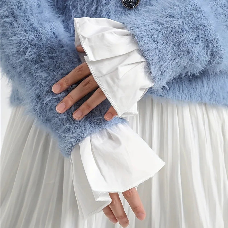 2pcs Ruffles Simple White Cuffs Trumpet Shaped Sleeve Button Casual Fake Cuff Women Clothing Accessories Wrist Wrap Cuffs