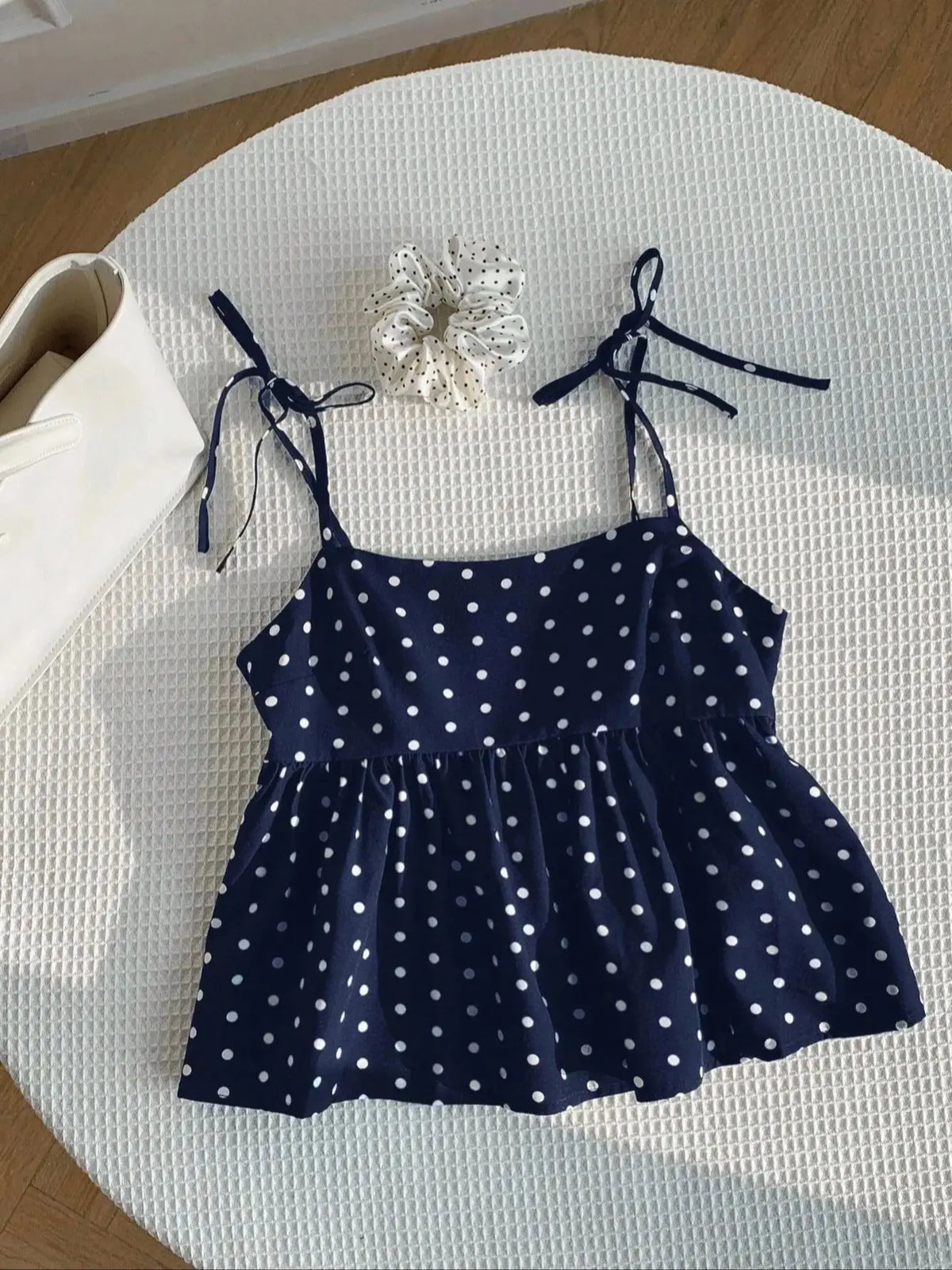Women's Polka Dot Crop Cami With Spaghetti Straps And Flared Hem Polka Dot Camisole Babydoll Top Babydoll Tops Polkadot Top Cute