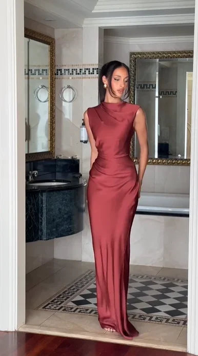 Ruched Waist Satin Long Dress Solid Bodycon Sleeveless Cowl Neck Fishtail Women Dresses 2026 Summer Lady Formal Evening Gowns