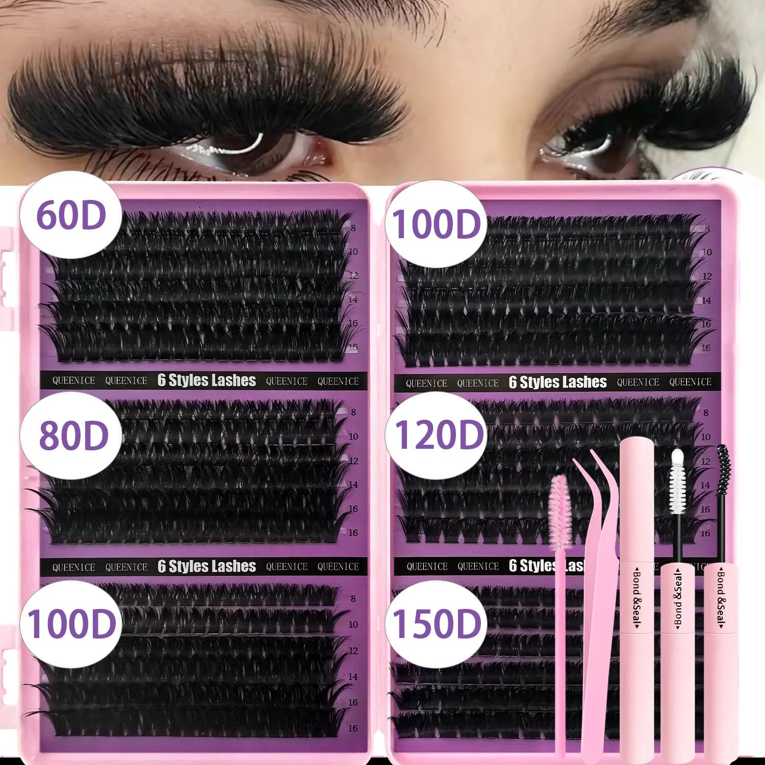 QUEENICE Lashes Cluster DIY Lash Extension Mixed Tray Clusters Eyelashes Fluffy Individual Lashes Cat Eye Lash Extension