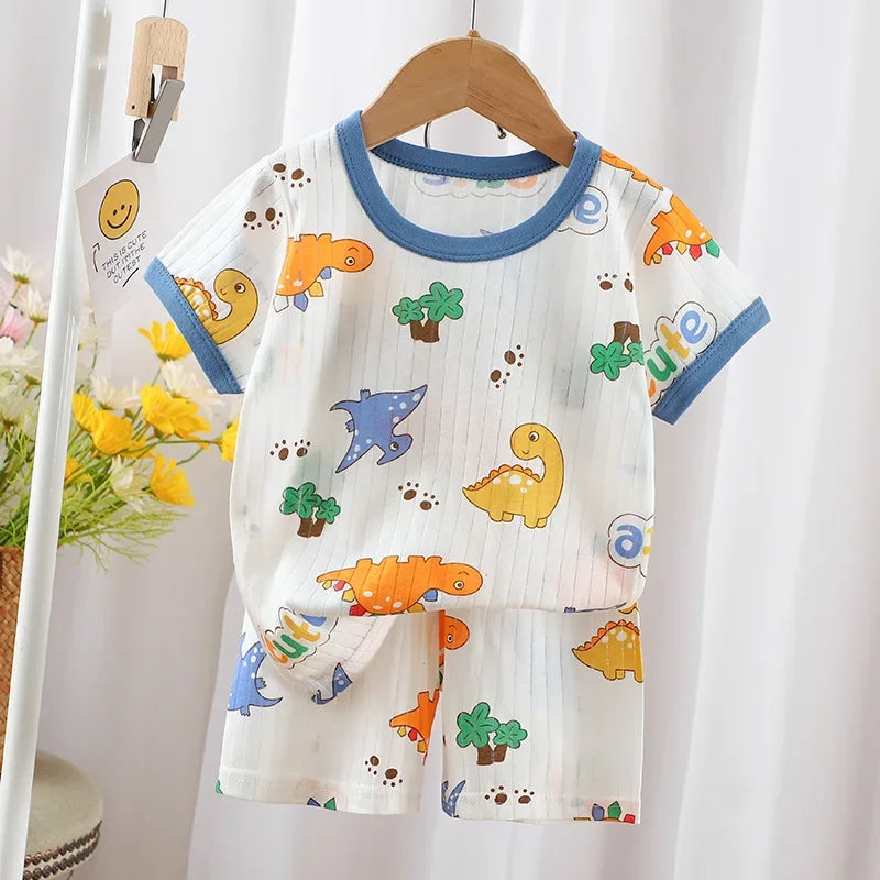 2024 New Summer Children's Clothing Boys Girls Short-sleeved Shorts Suit Baby T-shirt + Pants  Pure Cotton Clothes Set