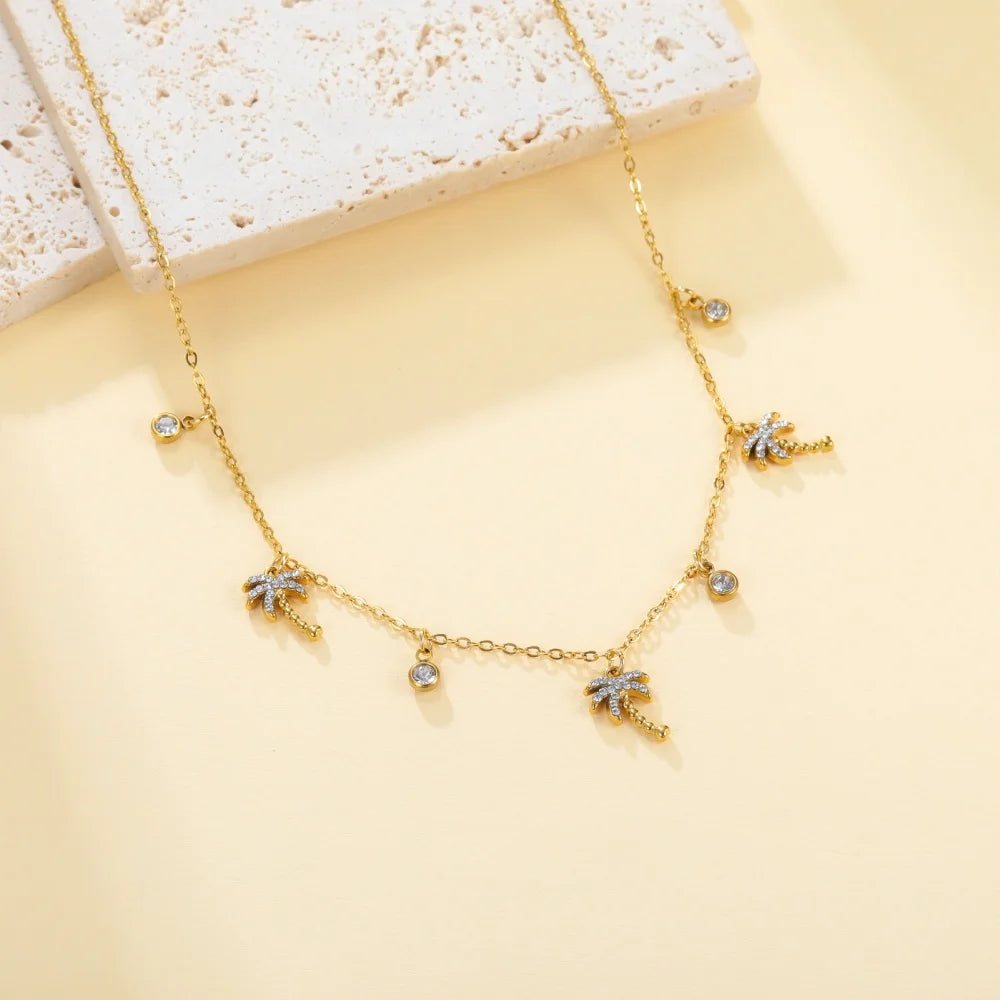 Skyrim Clear Zircon Coconut Tree Pendant Necklace Stainless Steel Gold Color Chain Choker for Women Plant Jewelry Wholesale