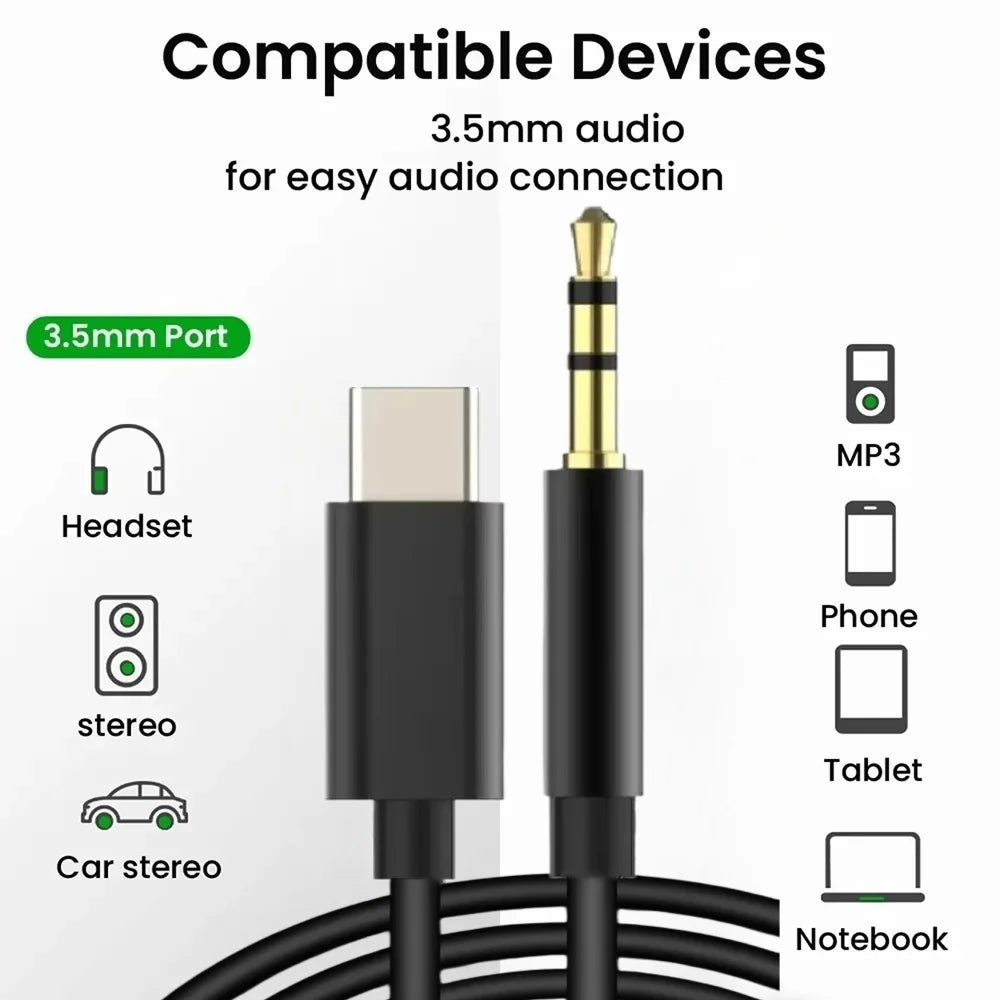 USB Type C to 3.5mm Jack AUX Audio Cable with DAC for Car Speaker Headphone Compatible Tipo C Auxiliary Adapter Cable Converter