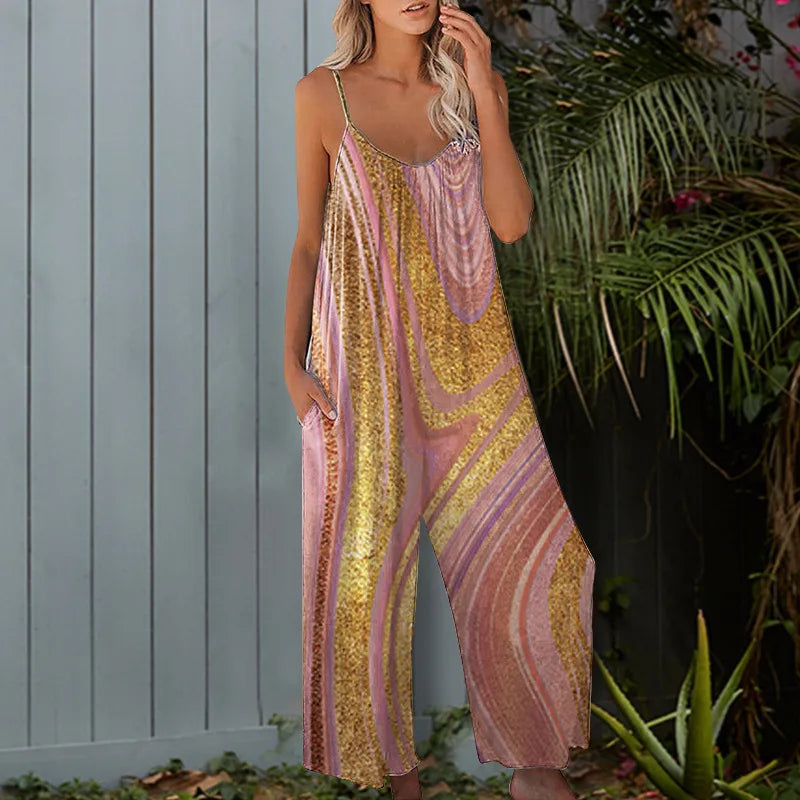 Women Sleeveless Printing Beach Boho Casual Jumpsuit Summer Vacation High Street Romper Casual Overalls Wide Leg Trousers