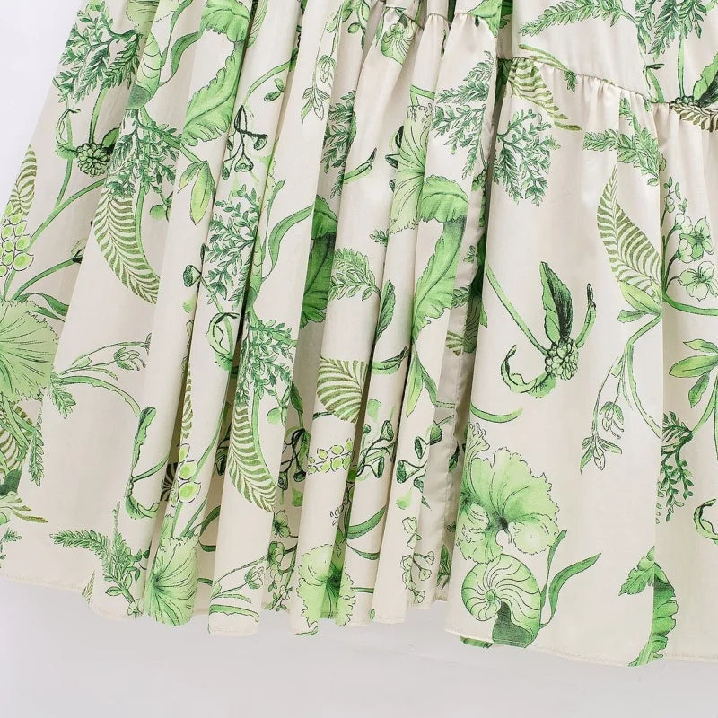 Women’s Summer Green Floral Print Short Sleeve Tie Waist Dress Casual Daily Wear Loose Fit Comfortable Style