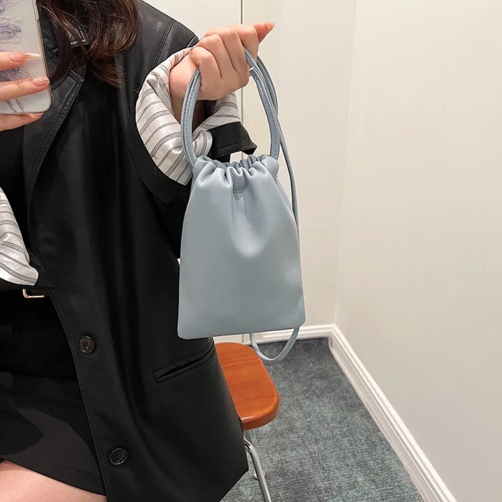 Portable Pu Leather Women Handbags Solid Flap Large Capacity Crossbody Bags Candy Color Mini Bucket Bag