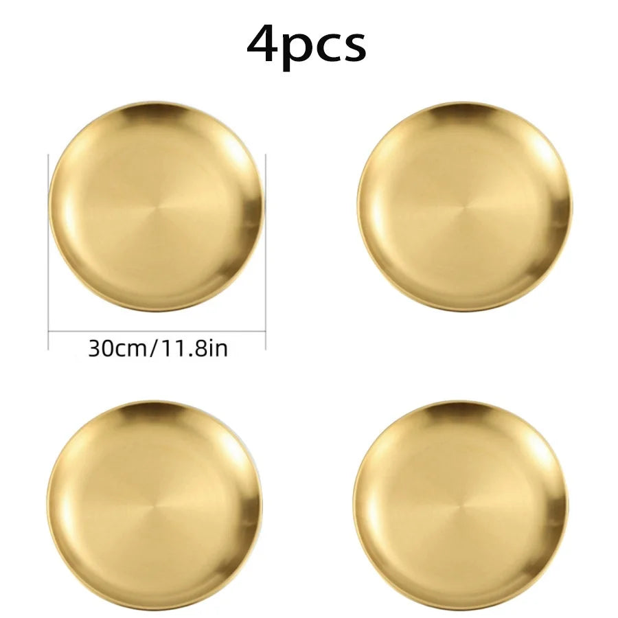 4pcs Stainless Steel Silver Plates, Korean Style Grilled Meat Plates, Household Circular Trays, Bone Plates, Cake Plates