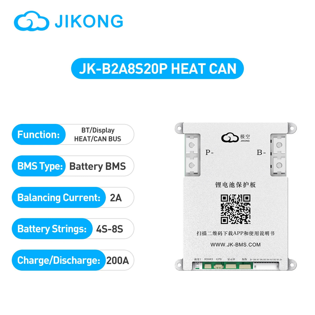 JK BMS B2A8S20P Smart Active BMS 4S-8S Li-ion Lifepo4 LTO 12V 24V Battery 2A Balance Current 200A Charge Discharge Battery BMS