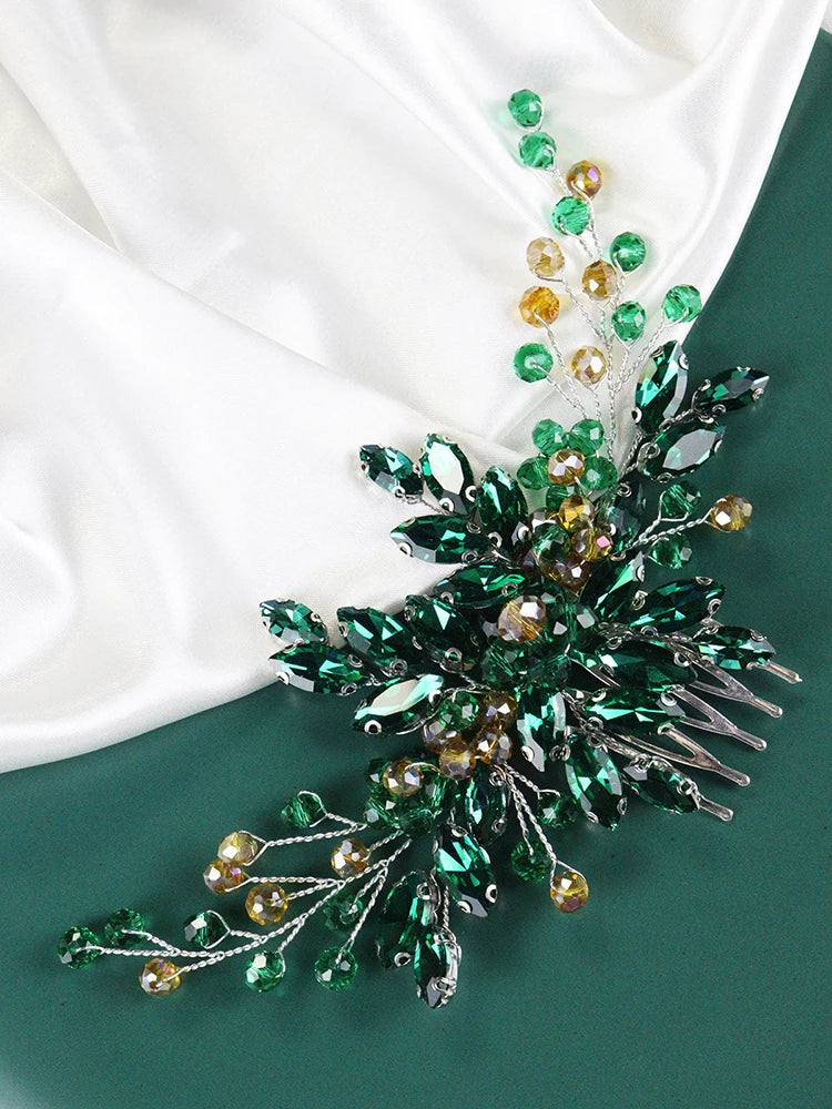 Green Crystal Bride Hair Comb Rhinestone Wedding Head Jewelry Bridal Hair Accessories for Women and Girls Bridesmaid Decor Gifts