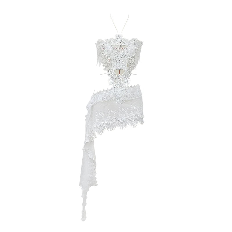 Women Openwork Short Lace Stylish Ruffled mini Dress Halter Neck See-Through Floral Lace Suitable Vacation Nightclub Wear