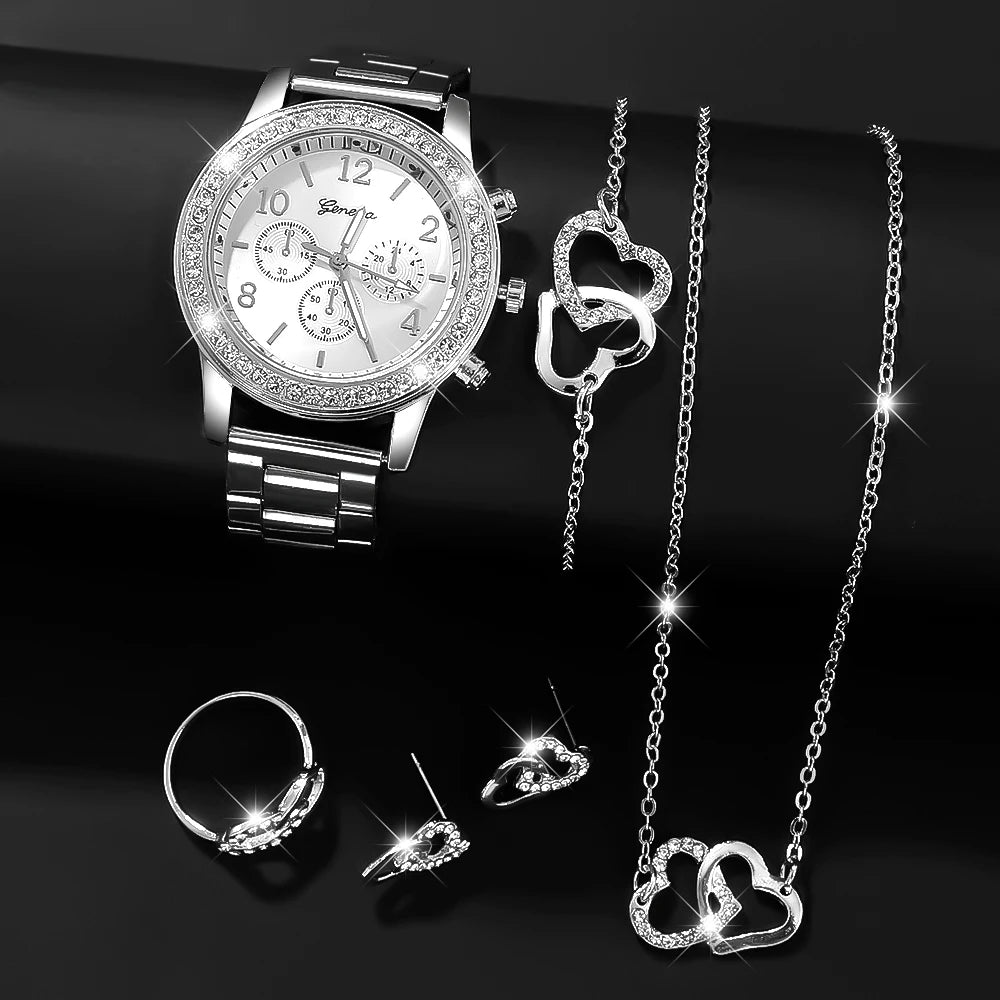 6-piece women's watch+accessory set, new fashionable watch+elegant accessories, the best choice for gift giving