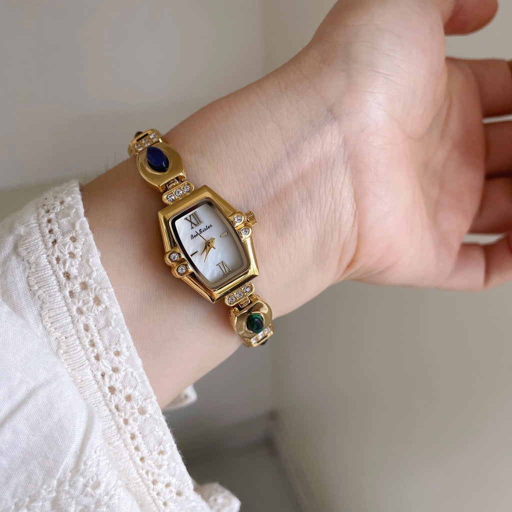 NEW Retro Luxury Women's Watches with Colored Gemstones Barrel-Shaped Small Dial Bracelet-Style Quartz Wristwatch for Women