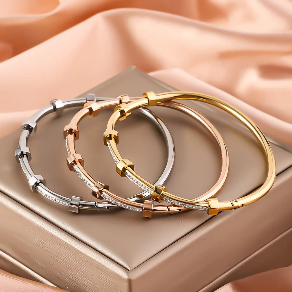 Trendy Round Cubic Zirconia Bangles For Women Men Gold Color Silver Color Stainless Steel Crystal Bangle Party Jewelry