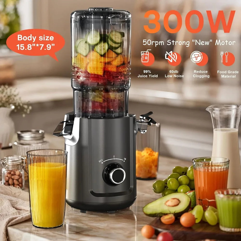 5.3-Inch Cold Press Juicer, 300W Slow Masticating Machine, Large Feed Chute for Whole Fruits & Veggies, Easy Clean, Black