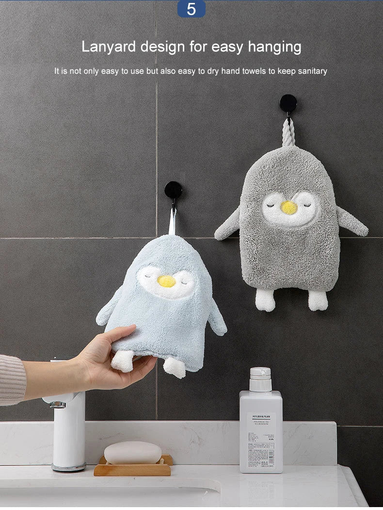 Small Penguin Wipe Hand Towel Hand Towel Kitchen Bathroom Draped Coral Velvet Cartoon Hand Towel Animal Thickening Absorbent