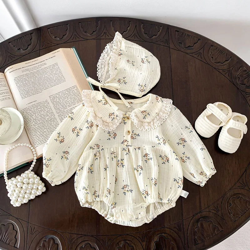 2025 Spring Newborn Infant Baby Girls Romper+Hat 2PCS Lapel Floral Rompers Kids Fashion Baby Clothing Newborn Baby Girl Jumpsuit