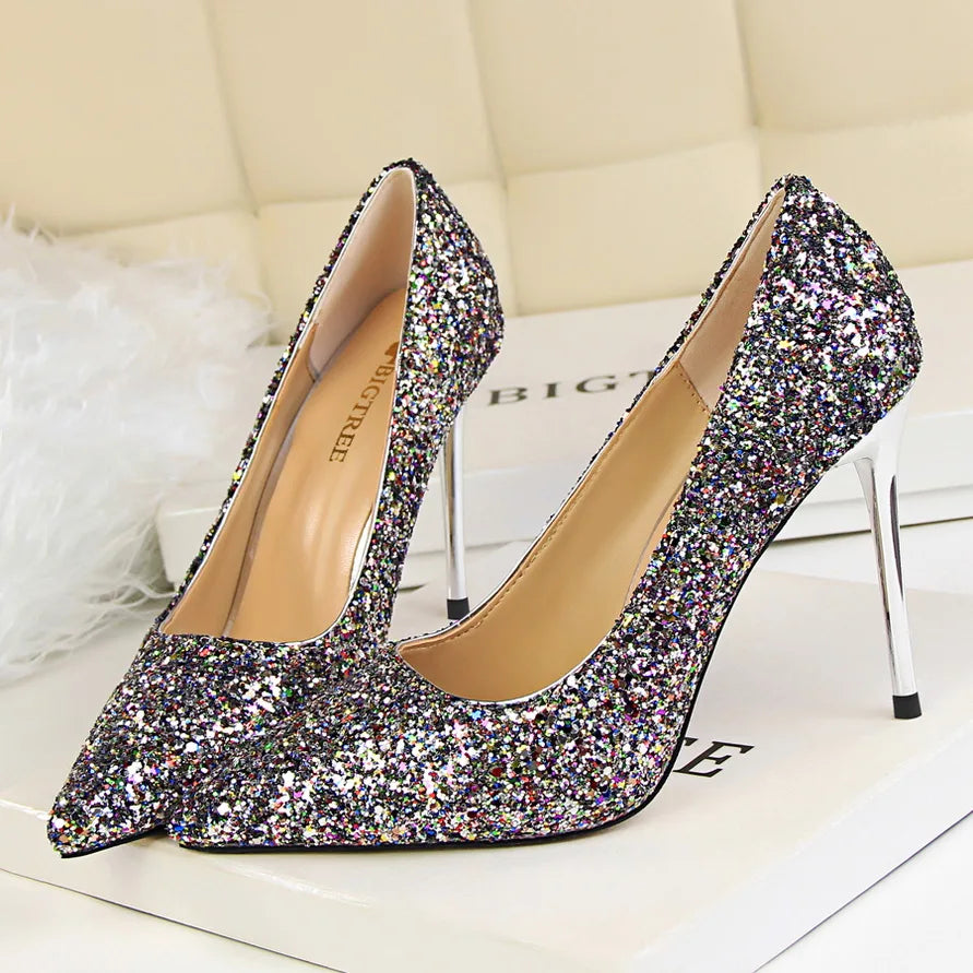 Women 7cm 9.5cm High Heels Bling Pumps Wedding Bridal Scarpins Sparkly Heels Lady Party Sequins Nightclub Evening Gold Red Shoes