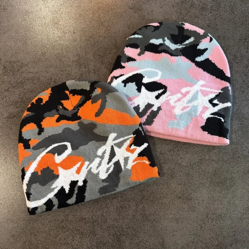 1pc Camouflage Jacquard Knit Beanie Unisex Graffiti Letter Star Pattern Skull Cap Hip‑Hop Street Style Warm Winter Knitted Hat