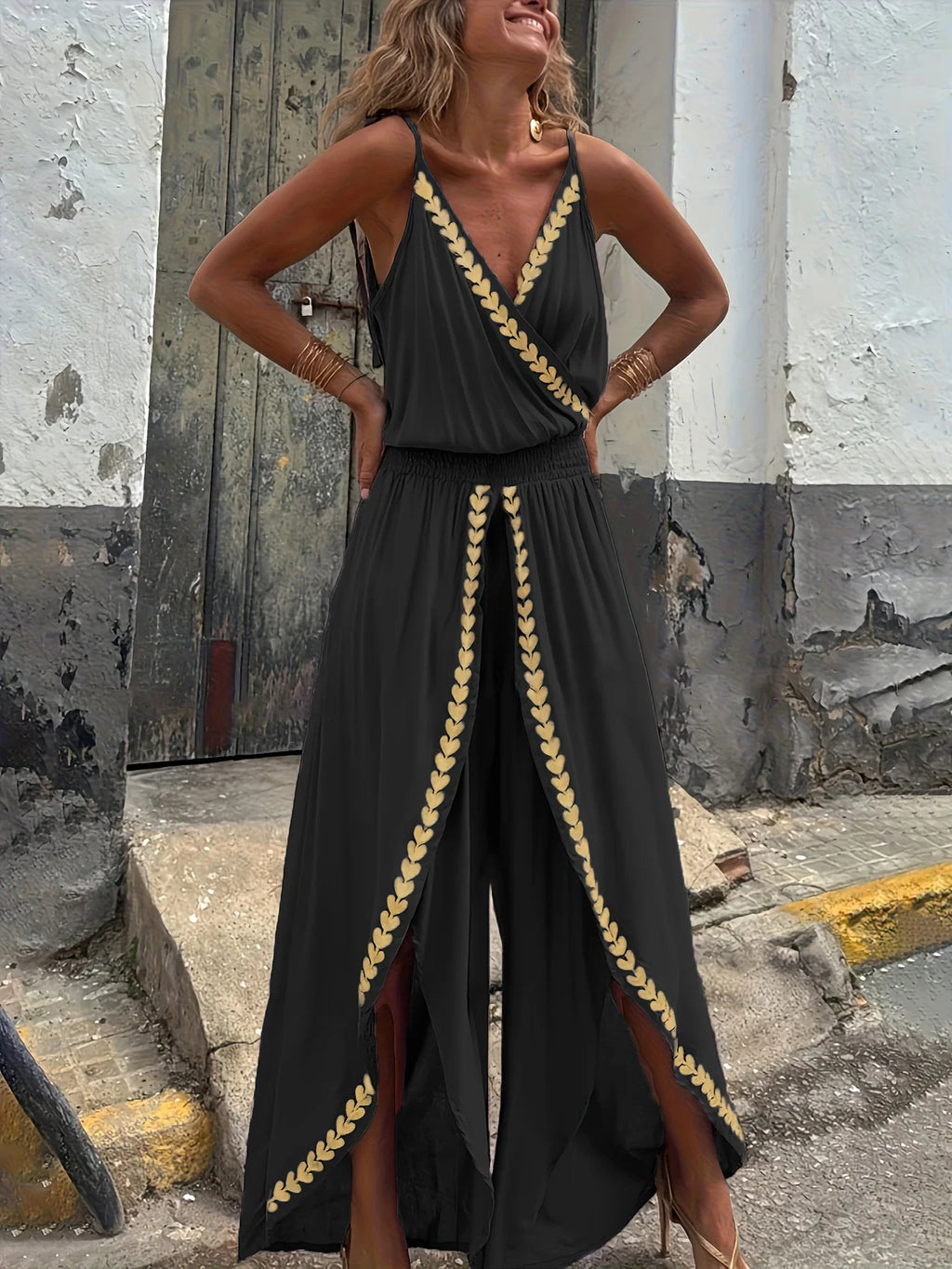 Women's Casual Purple Jumpsuit Gold Embellished Wrap Neck Split Legs High Waist Great for Bohemian Trips City Walks