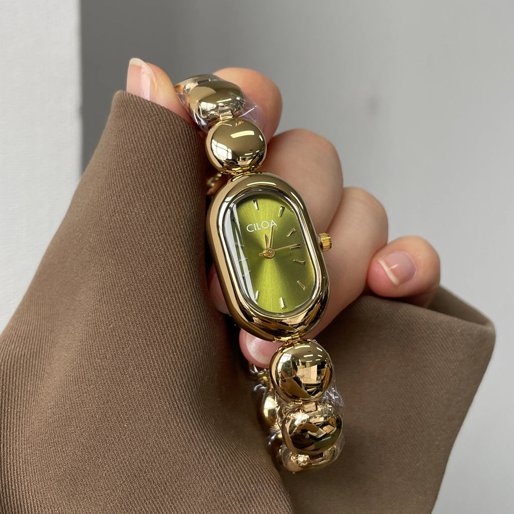 CILOA Women Oval Quartz Watch Green Dial Golden Bead Metal Bracelet Elegant Casual Wrist Watch-767
