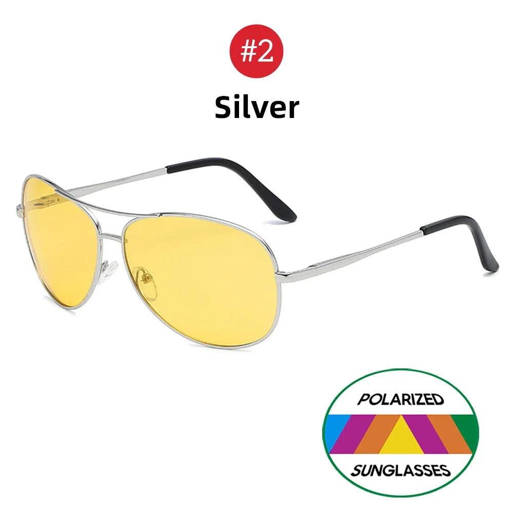 VIVIBEE Metal Aviation Night Vision Glasses for Men Driving Yellow Polarized UV400 Lens Pilot Goggles Nightvision Sunglasses